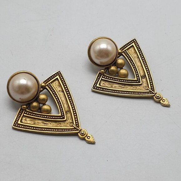 Vintage Gold Tone Statement Earrings Egyptian Revival Faux Pearl Geometric - Picture 2 of 4